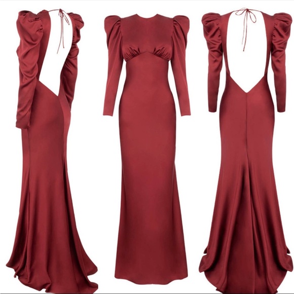 HOUSE OF CB Ottillie Sexy Open Back Puff Sleeves
Silky Satin Red Maxi Gown Dress - Picture 14 of 14
